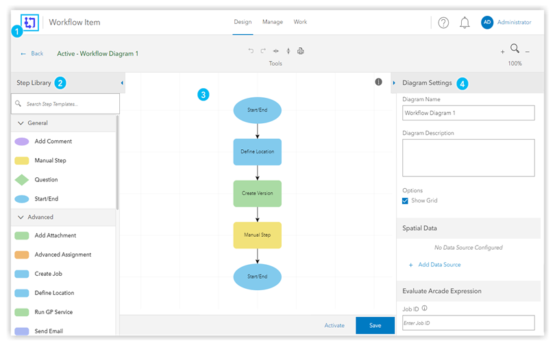 Design page with the Step Library panel, workflow canvas, and Settings panel Design page with the Step Library panel, workflow canvas, and Settings panel